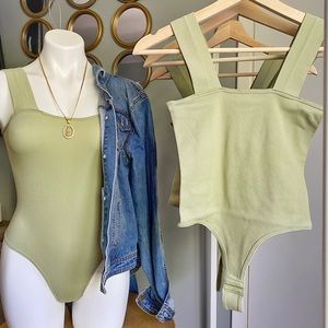 Wide Straps Ribbed Bodysuit - Sage